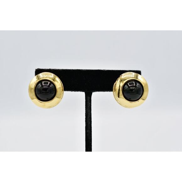 Givenchy Vintage Cabochon Earrings Gold 4G Black Faux Onyx Signed Runway BinW - Picture 1 of 8